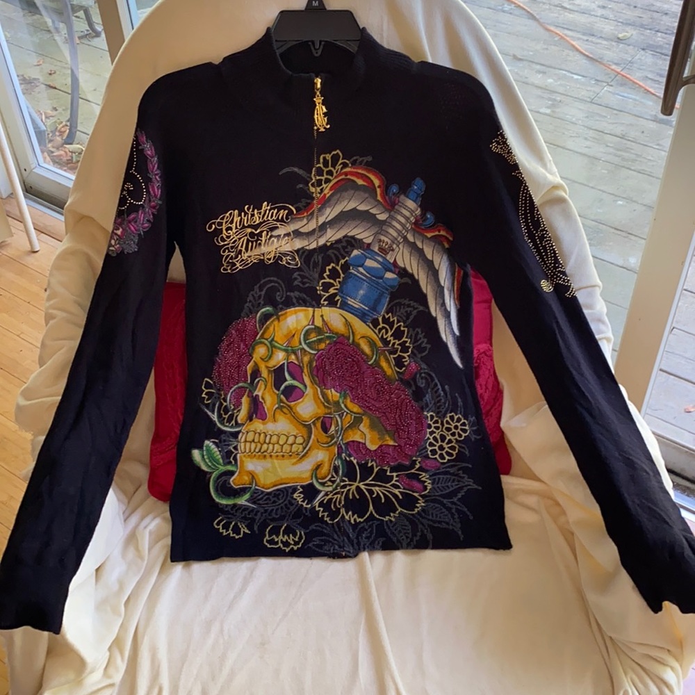 Christian Audigier Black Sweater with Multicolor Skull Design